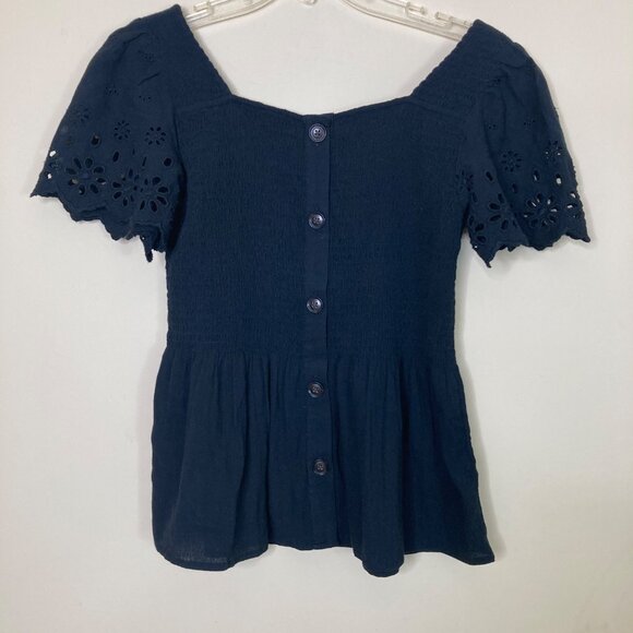 Madewell Top Womens XS Eyelet-Sleeve Lucie Smocked Peplum Black NE241 - Picture 8 of 9